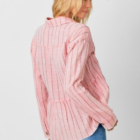 MYSTREE Pink Striped Button Front Shacket, Lightweight Gauze Jacket Top, Western - Picture 4 of 4